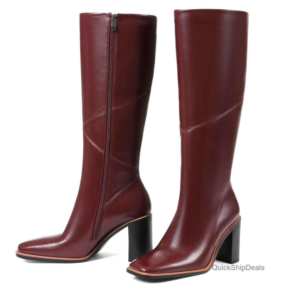 Knee High Boots 3.1 Inch Chunky Heel Square Toe Leather Slip Resistant Zip